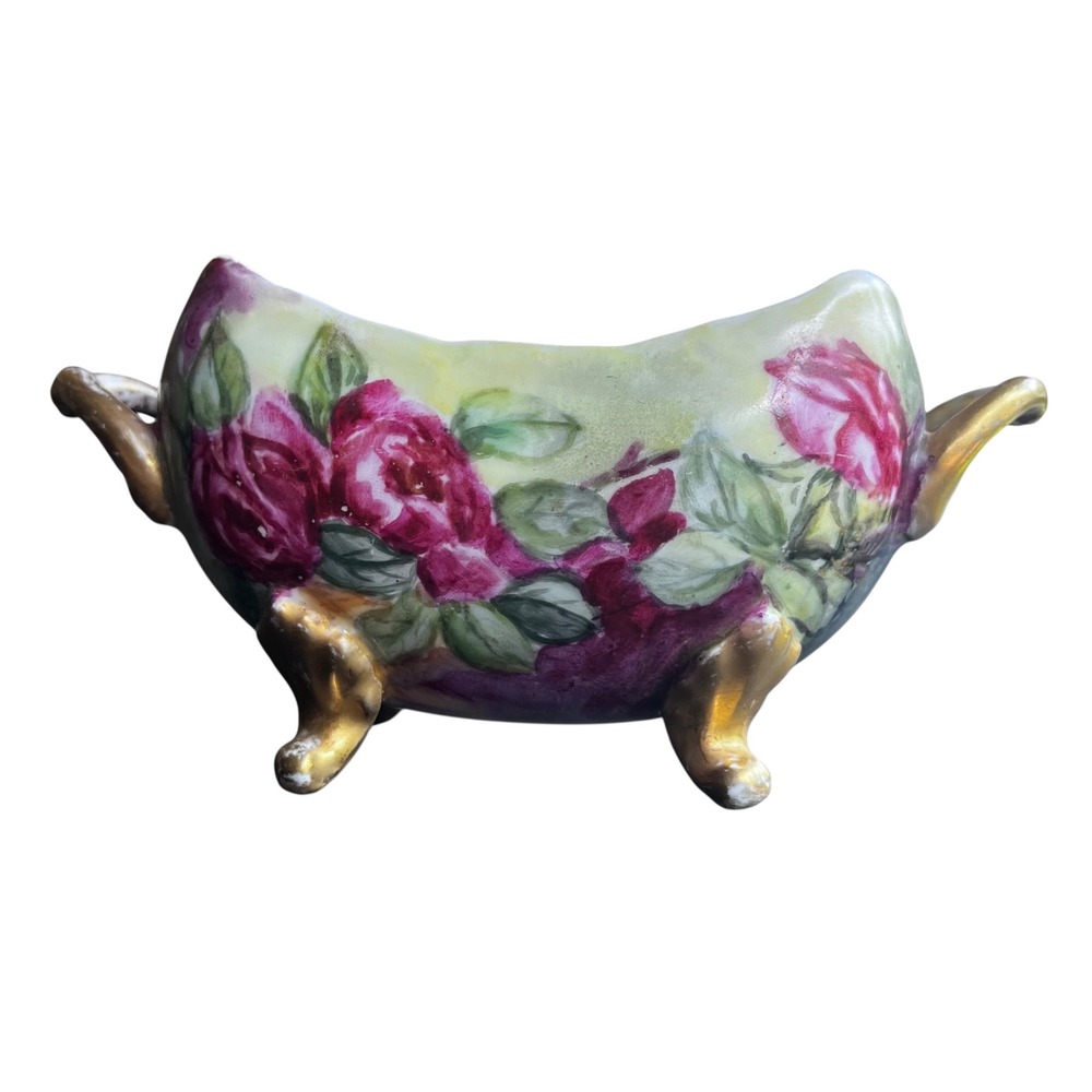VTG Limoges Hand Painted Porcelain Double‎ Handles Footed Bowl Made in France